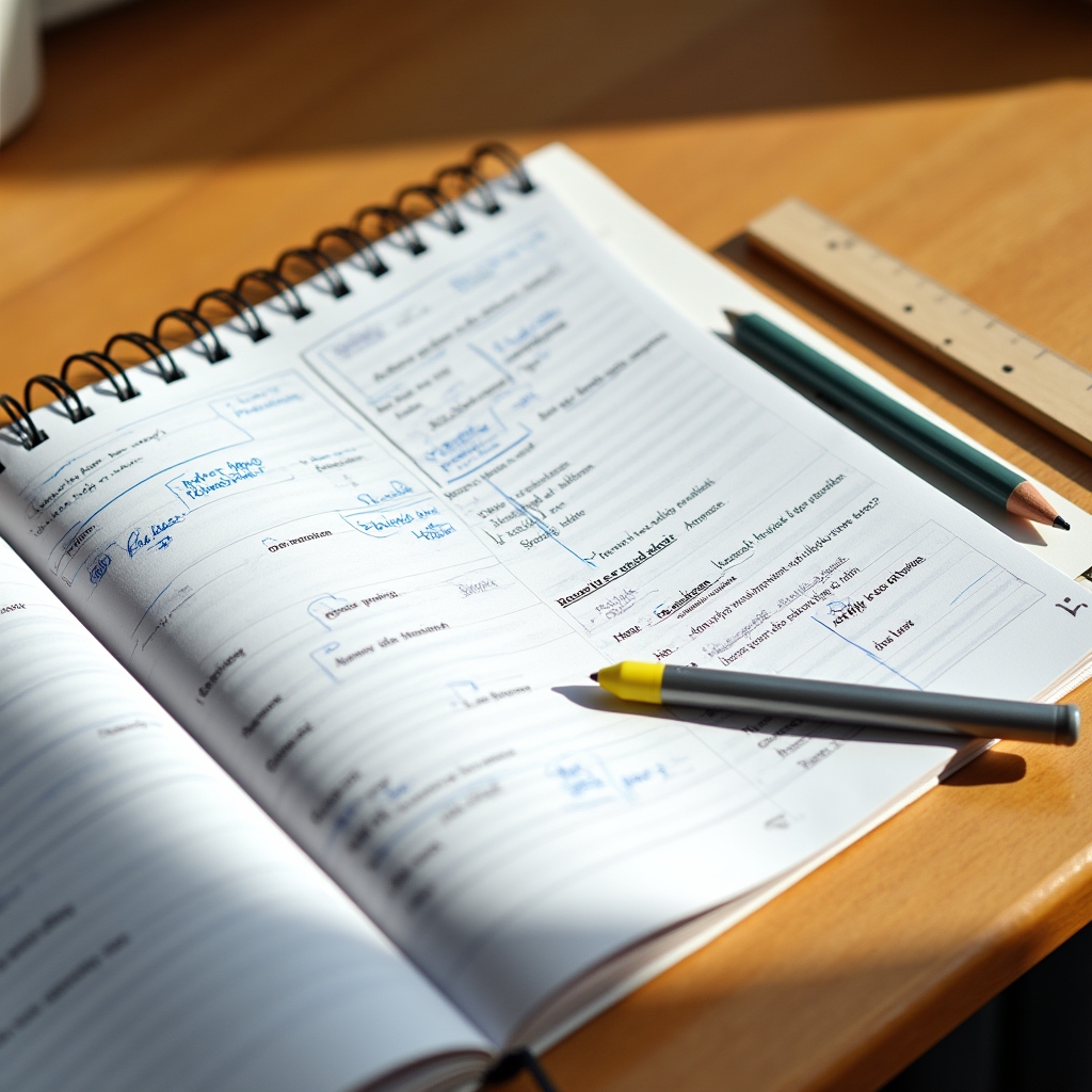 Aufgeschlagenes Workbook mit strukturierten Übungen und Entscheidungsframeworks auf einem Schreibtisch